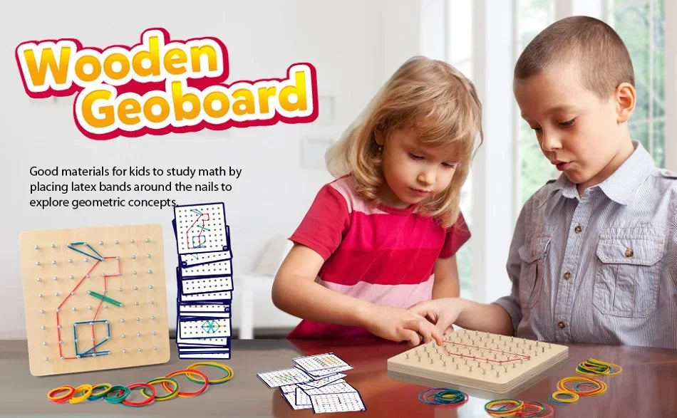 Kids Math Wooden Toys Set Geometric Shape Rubber Band Pegboard Montessori Learning Creative Toy Fine Motor Skills