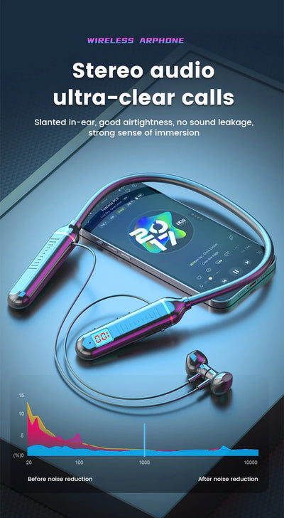 Wireless Headset 5.3 Neck Strap Headset Gaming LED display Stereo Sports headset with magnetic earbuds
