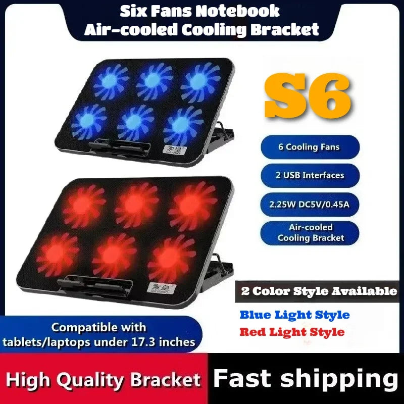 S6 Laptop Game 6 Cooling Fans Pad Compatible with 13-17.3 Inch Multi Heights Adjustable for Notebook Ultrabook Gamebook Macbook