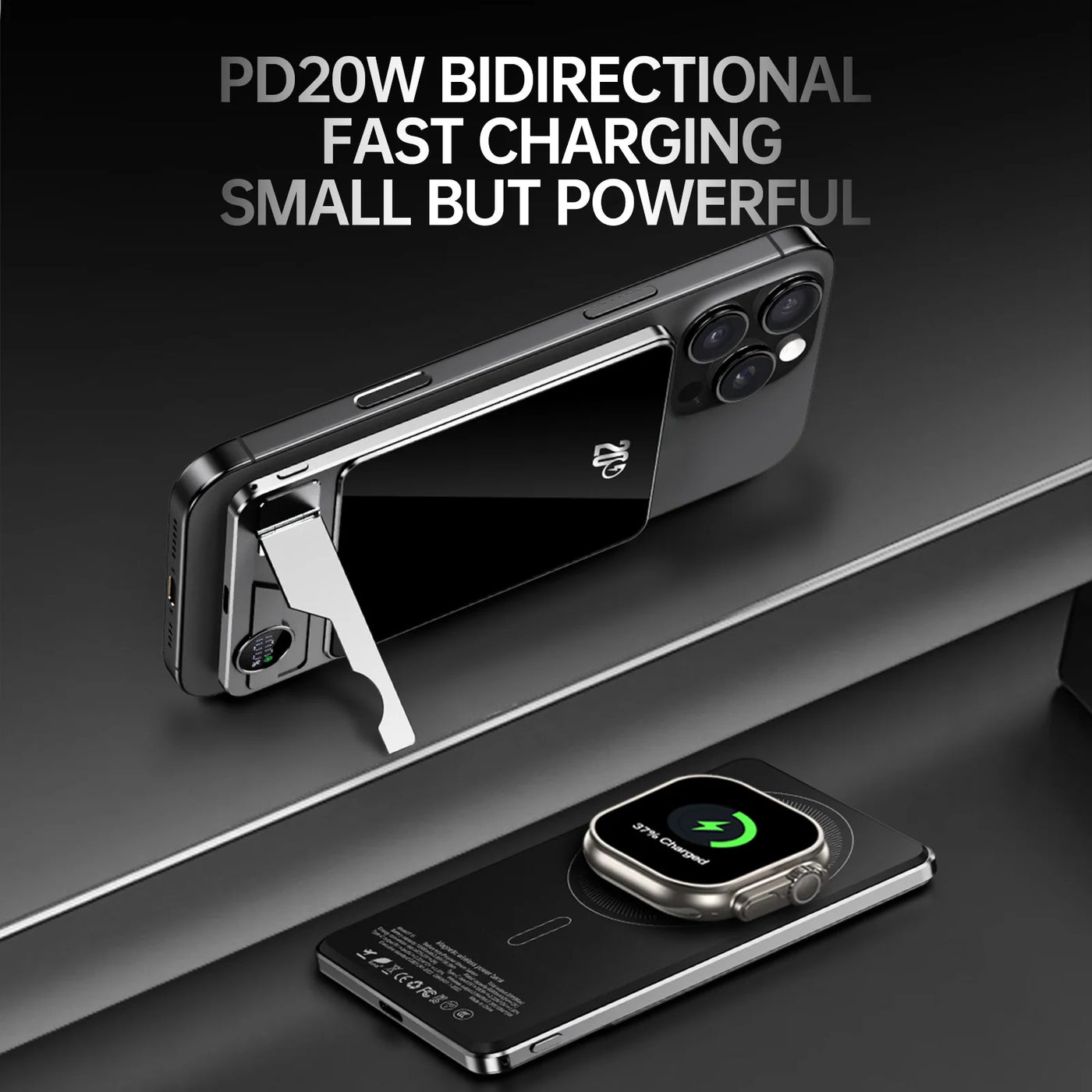 Portable Charger Powerbank With Cable PD20W Power Bank Wireless 15W With Phone Holder LED Display Mobile Phone Backup Battery