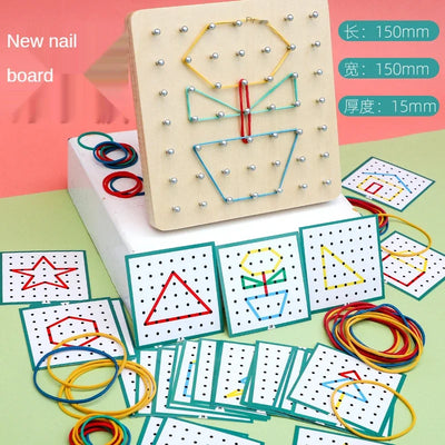 Kids Math Wooden Toys Set Geometric Shape Rubber Band Pegboard Montessori Learning Creative Toy Fine Motor Skills