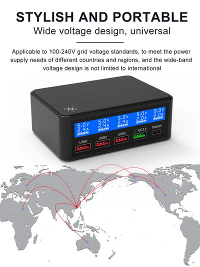 Multi USB Charger 50W 5 Port USB Fast Charger with QC 3.0 Quick Charge LCD Smart Charging Station Hub for Multiple Devices