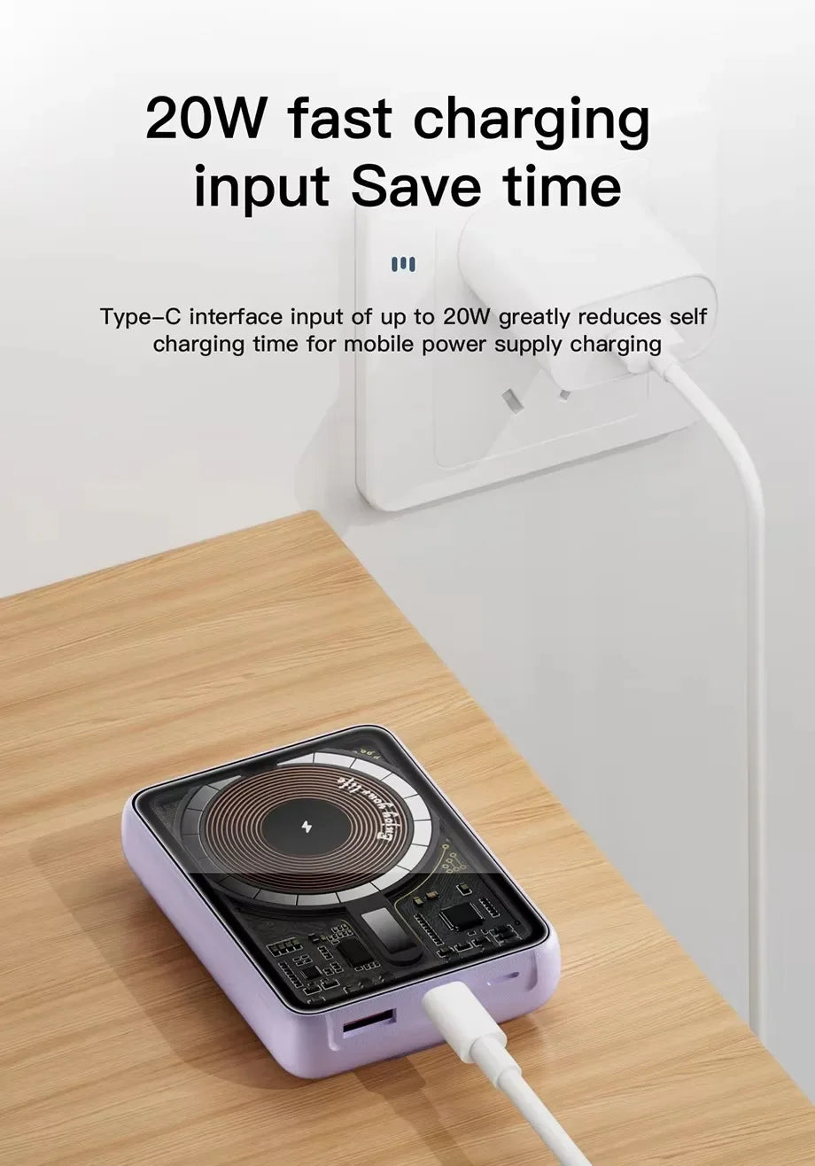 Portable Magnetic Wireless10000mAh Transparent Power Bank Supports PD20W 15W Charging Mobile Power Supply  for iPhone
