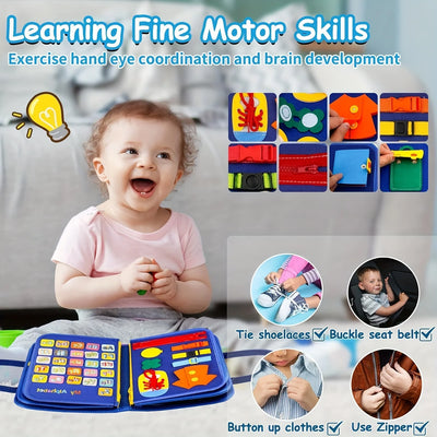 Montessori Busy Board for Toddlers Sensory Toy Fine Motor Skills Activity Travel Learning Gift for Boys Girls Blue Polyester