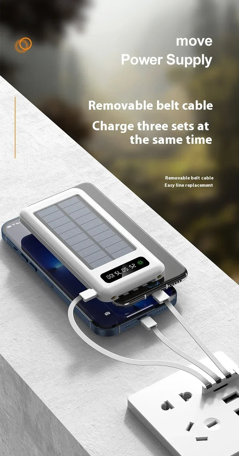 New Portable Charger Solar Power Bank 20000mah Large Capacity Outdoor Fast Charging Telephone Power Bank Share Removable Cable