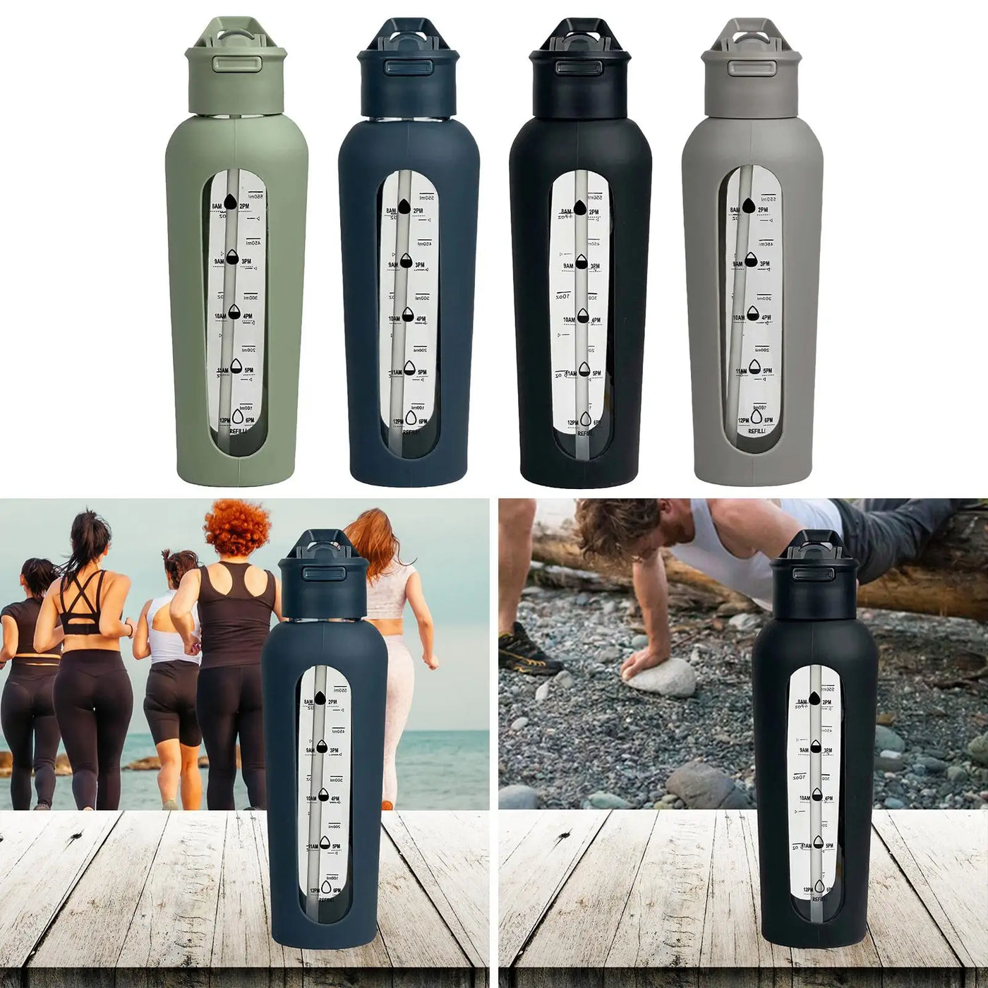 Glass Water Bottle with Silicone Sleeve Sports Bottle for Gym Travel Fitness