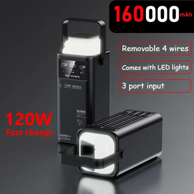 Portable Outdoor Emergency Power Banks Smartphone Backup Power 160000mAh Built-in Cable Powerbank Camping Light Portable Charger