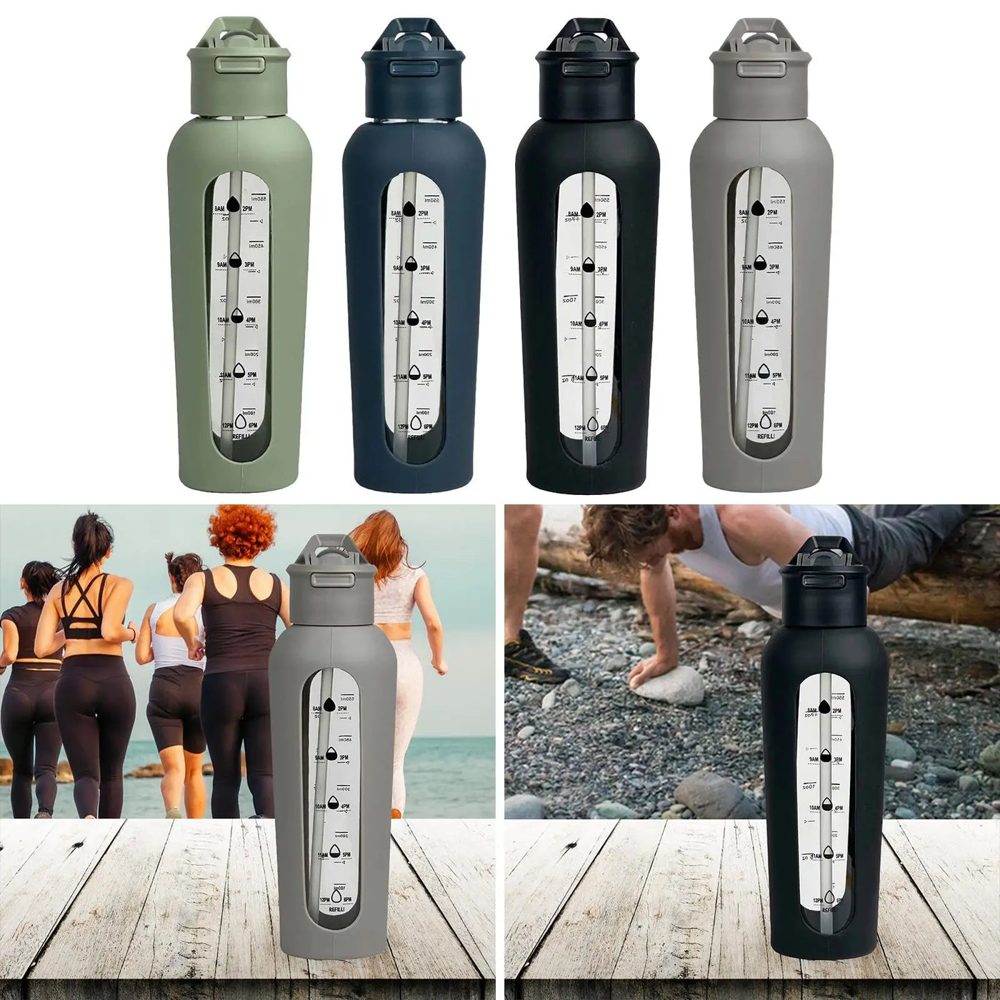 Glass Water Bottle with Silicone Sleeve Sports Bottle for Gym Travel Fitness