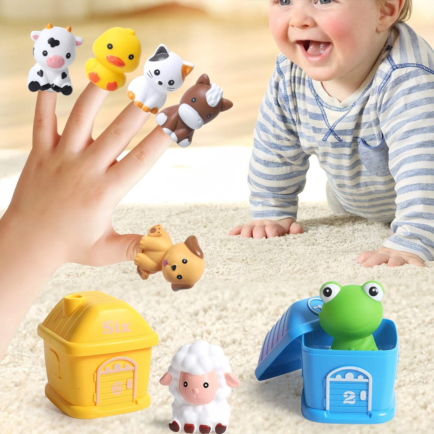 Learning Toys for 3+ Year Old Toddlers, 10pcs Farm Animals Barn Toys Finger Puppets for Kids,Montessori Counting Matching