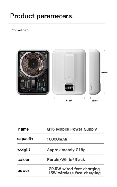Portable Magnetic Wireless10000mAh Transparent Power Bank Supports PD20W 15W Charging Mobile Power Supply  for iPhone