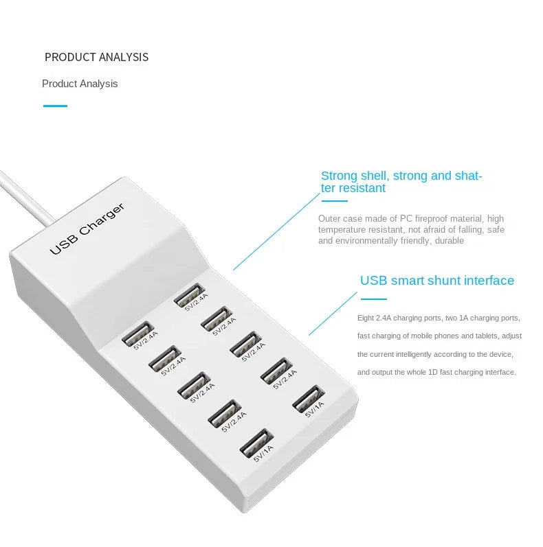 4/10-Ports USB Charging Station50W/10A Multi Port USB C Hub Charger for Cellphone Tablet Multiple Devices Extension Socket
