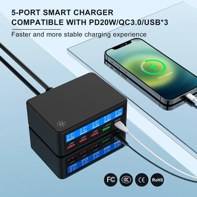 Multi USB Charger 50W 5 Port USB Fast Charger with QC 3.0 Quick Charge LCD Smart Charging Station Hub for Multiple Devices