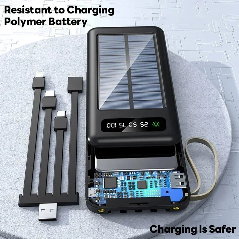 New Portable Charger Solar Power Bank 20000mah Large Capacity Outdoor Fast Charging Telephone Power Bank Share Removable Cable