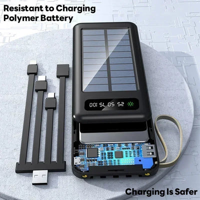 New Portable Charger Solar Power Bank 20000mah Large Capacity Outdoor Fast Charging Telephone Power Bank Share Removable Cable