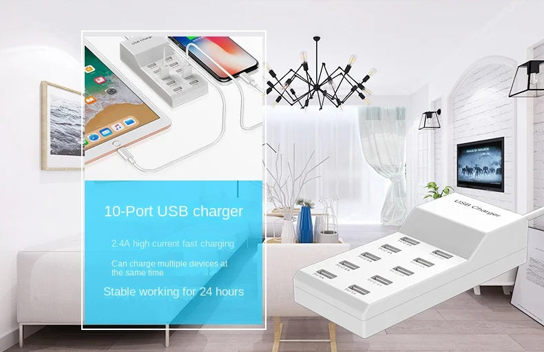 4/10-Ports USB Charging Station50W/10A Multi Port USB C Hub Charger for Cellphone Tablet Multiple Devices Extension Socket