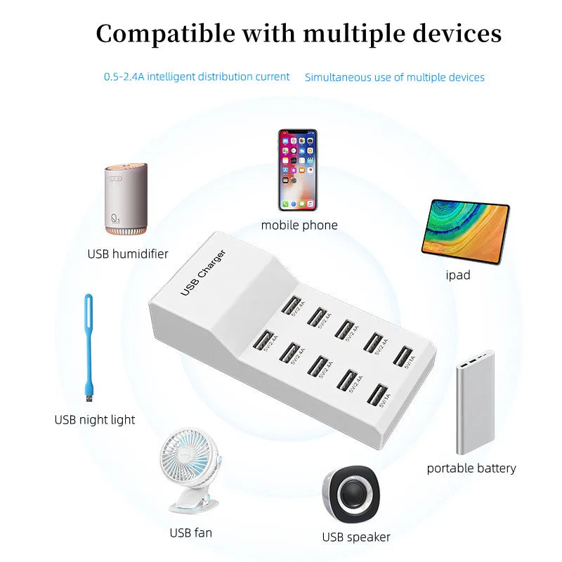 4/10-Ports USB Charging Station50W/10A Multi Port USB C Hub Charger for Cellphone Tablet Multiple Devices Extension Socket