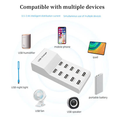 4/10-Ports USB Charging Station50W/10A Multi Port USB C Hub Charger for Cellphone Tablet Multiple Devices Extension Socket