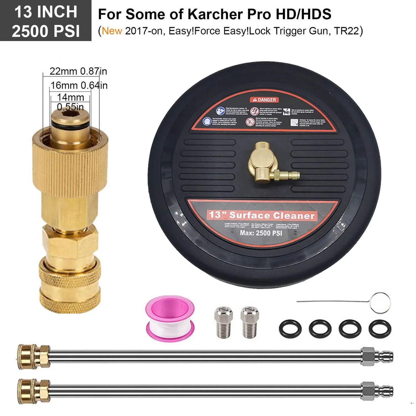 2500 PSI 13 Inch Pressure Washer Surface Ground Floor Cleaner Brush Water Broom for Karcher Lavor Anlu 1/4" Inch Quick Connector