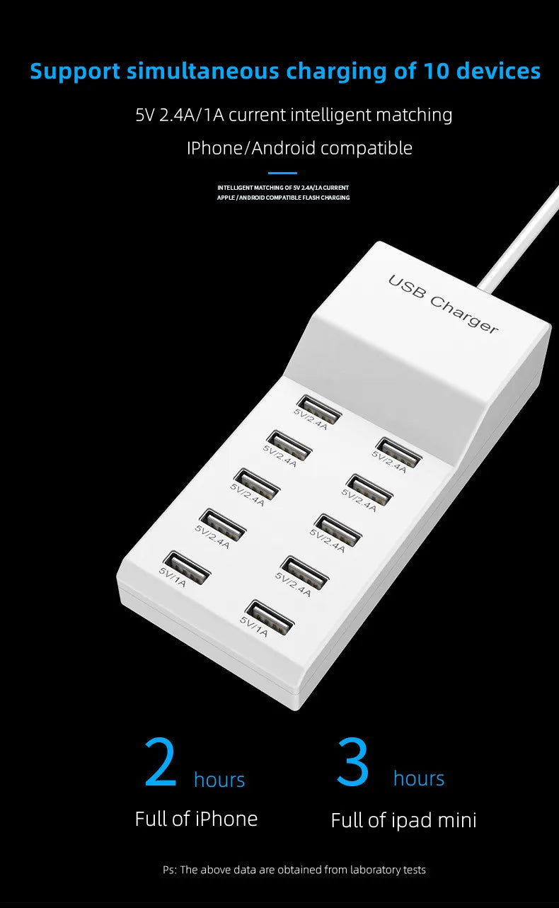4/10-Ports USB Charging Station50W/10A Multi Port USB C Hub Charger for Cellphone Tablet Multiple Devices Extension Socket