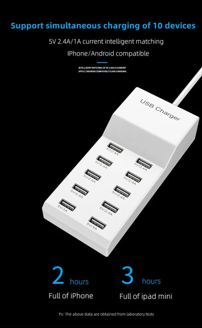 4/10-Ports USB Charging Station50W/10A Multi Port USB C Hub Charger for Cellphone Tablet Multiple Devices Extension Socket