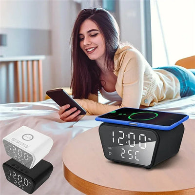Wireless Charger Pad LED Digital Alarm Clock Desktop Temperature Phone Chargers Stand 15W Fast Wireless Charging Dock Station