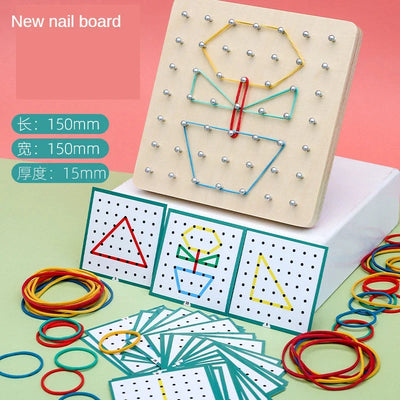 Kids Math Wooden Toys Set Geometric Shape Rubber Band Pegboard Montessori Learning Creative Toy Fine Motor Skills