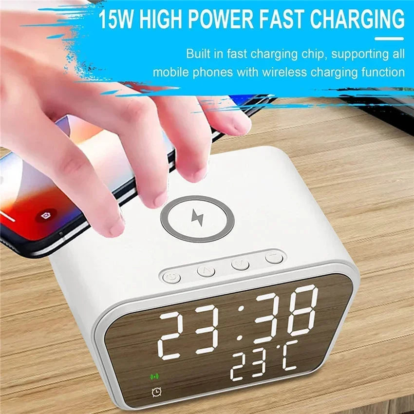 Wireless Charger Pad LED Digital Alarm Clock Desktop Temperature Phone Chargers Stand 15W Fast Wireless Charging Dock Station