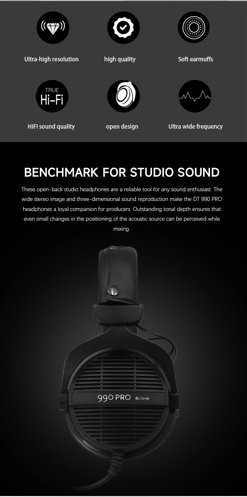 DT 990 PRO Open-Back Studio Monitor Headphones with High-Resolution Audio for Mixing and Mastering