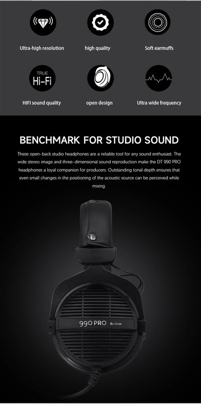 DT 990 PRO Open-Back Studio Monitor Headphones with High-Resolution Audio for Mixing and Mastering