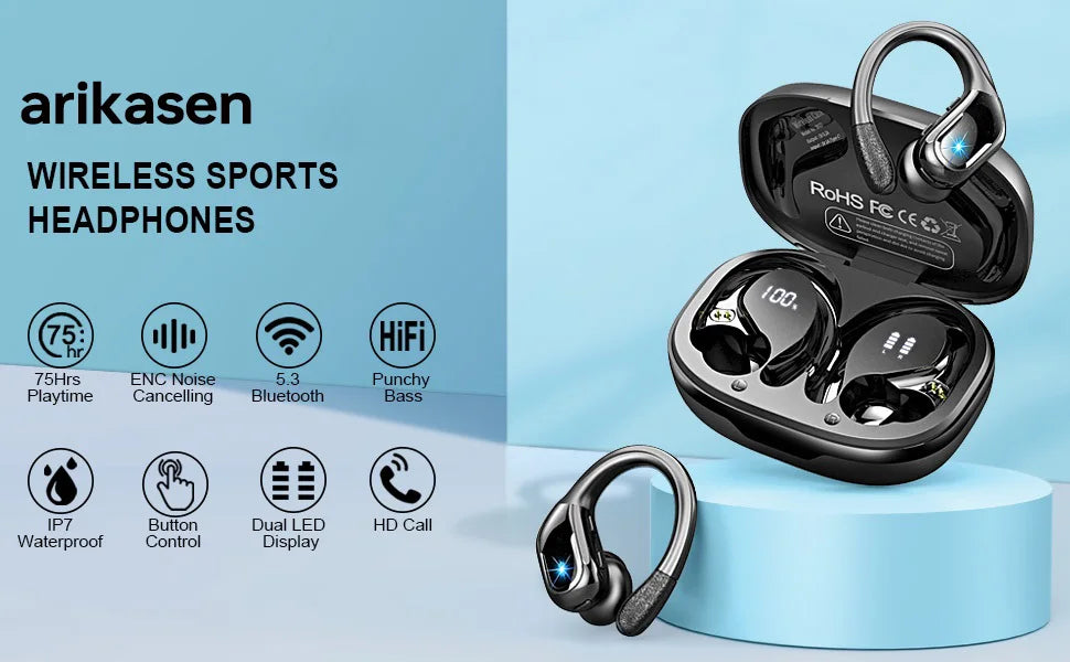 75Hrs Bluetooth 5.3 Earphones IP7 Waterproof Wireless Headphones