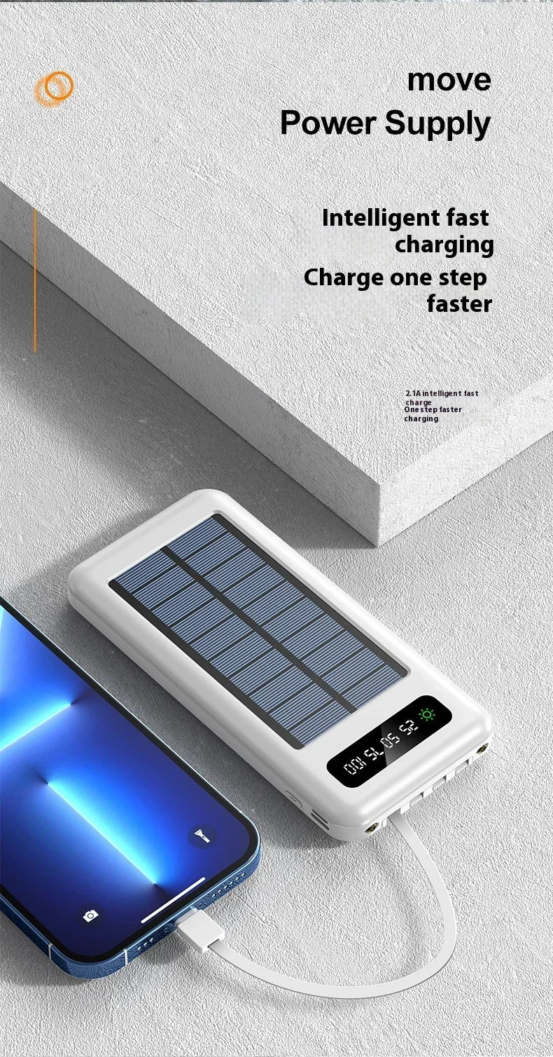 New Portable Charger Solar Power Bank 20000mah Large Capacity Outdoor Fast Charging Telephone Power Bank Share Removable Cable