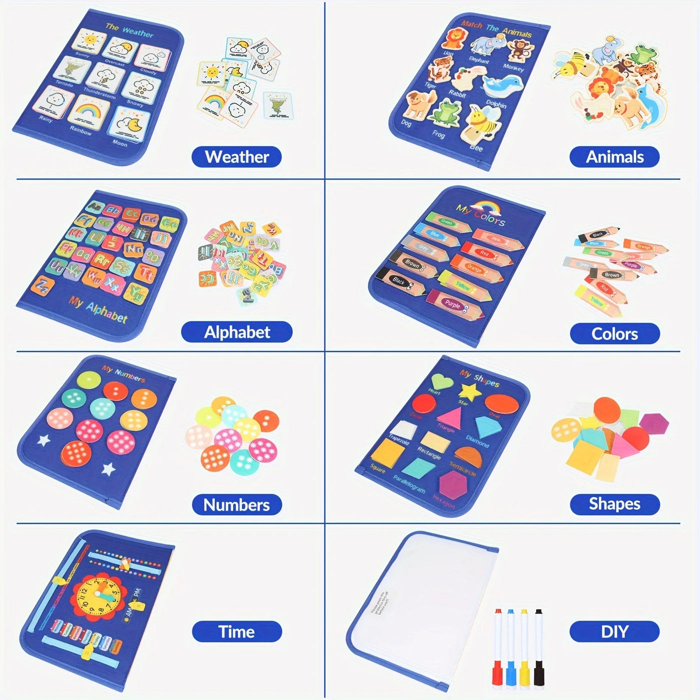 Montessori Busy Board for Toddlers Sensory Toy Fine Motor Skills Activity Travel Learning Gift for Boys Girls Blue Polyester