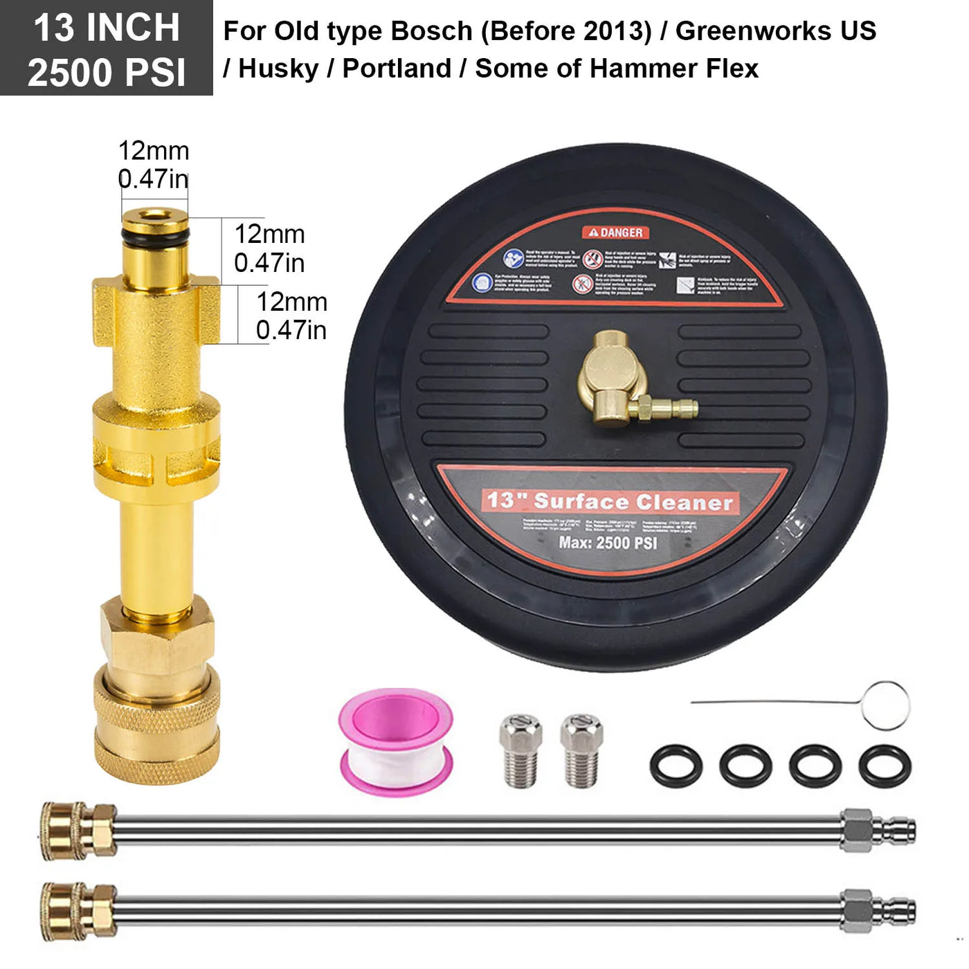 2500 PSI 13 Inch Pressure Washer Surface Ground Floor Cleaner Brush Water Broom for Karcher Lavor Anlu 1/4" Inch Quick Connector