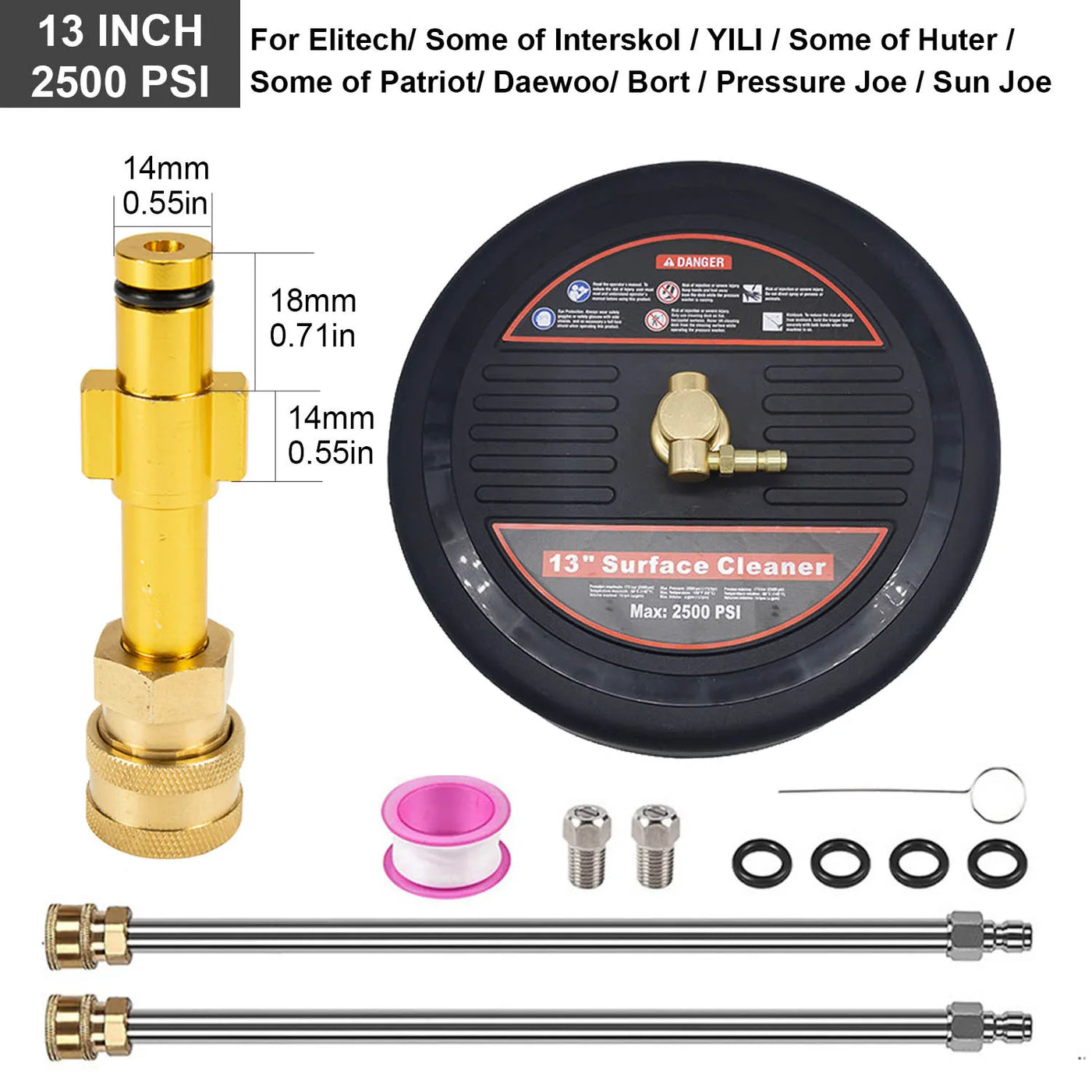 2500 PSI 13 Inch Pressure Washer Surface Ground Floor Cleaner Brush Water Broom for Karcher Lavor Anlu 1/4" Inch Quick Connector