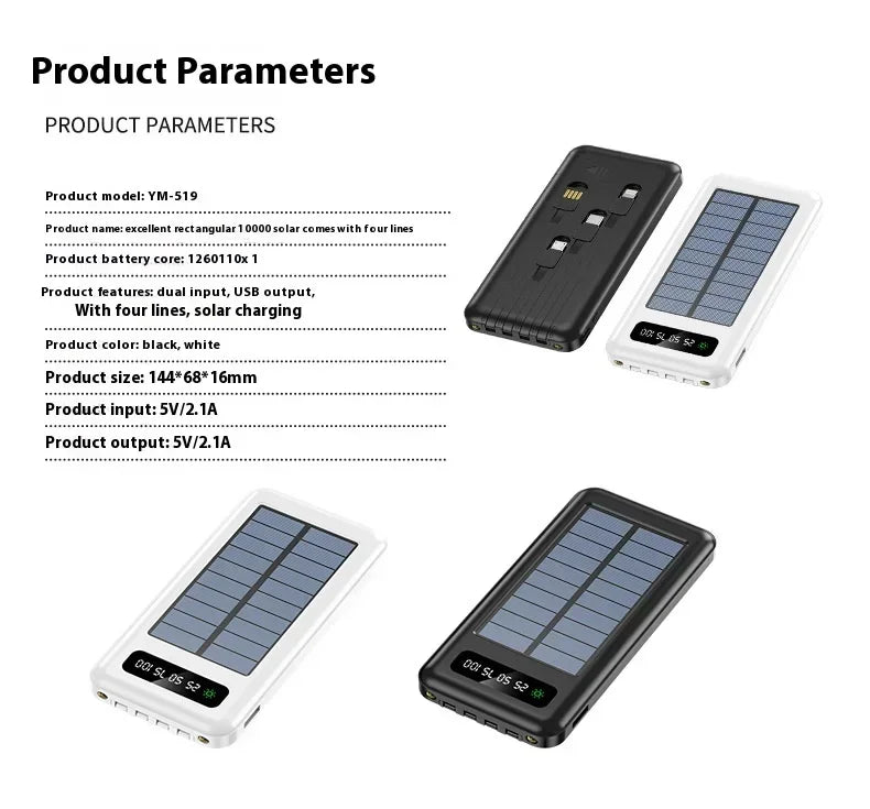 New Portable Charger Solar Power Bank 20000mah Large Capacity Outdoor Fast Charging Telephone Power Bank Share Removable Cable