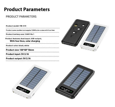 New Portable Charger Solar Power Bank 20000mah Large Capacity Outdoor Fast Charging Telephone Power Bank Share Removable Cable