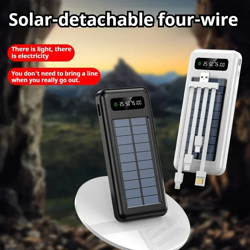 New Portable Charger Solar Power Bank 20000mah Large Capacity Outdoor Fast Charging Telephone Power Bank Share Removable Cable