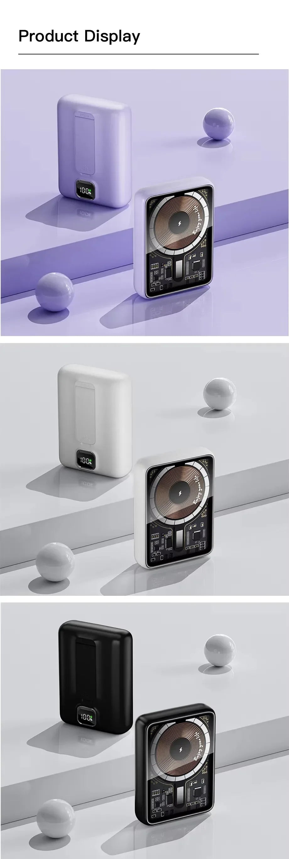 Portable Magnetic Wireless10000mAh Transparent Power Bank Supports PD20W 15W Charging Mobile Power Supply  for iPhone