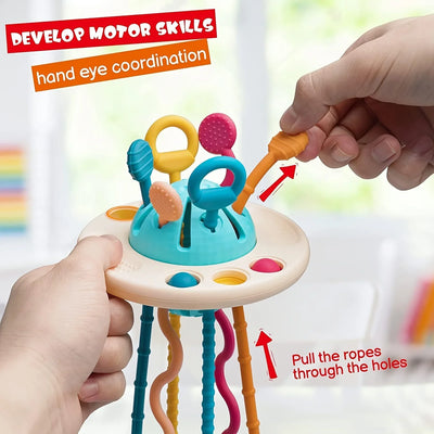 Montessori Sensory Toys for Toddlers 6-18M+, UFO Food Grade Silicone Push & Pull String Activity Toy, Fidget Travel Toys