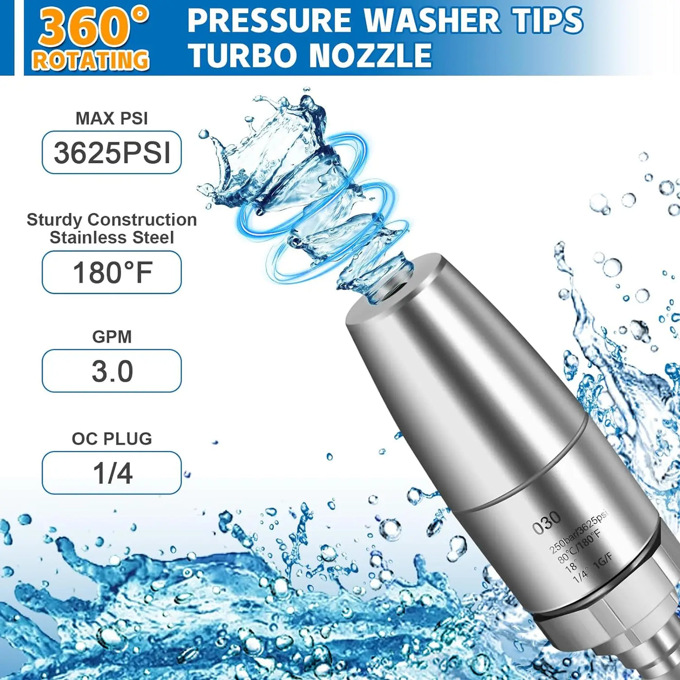 Turbo Nozzle for Pressure Washer Rotating for Hot and Cold Water With 1/4 Quick Connect Stainless Steel 3625 PSI