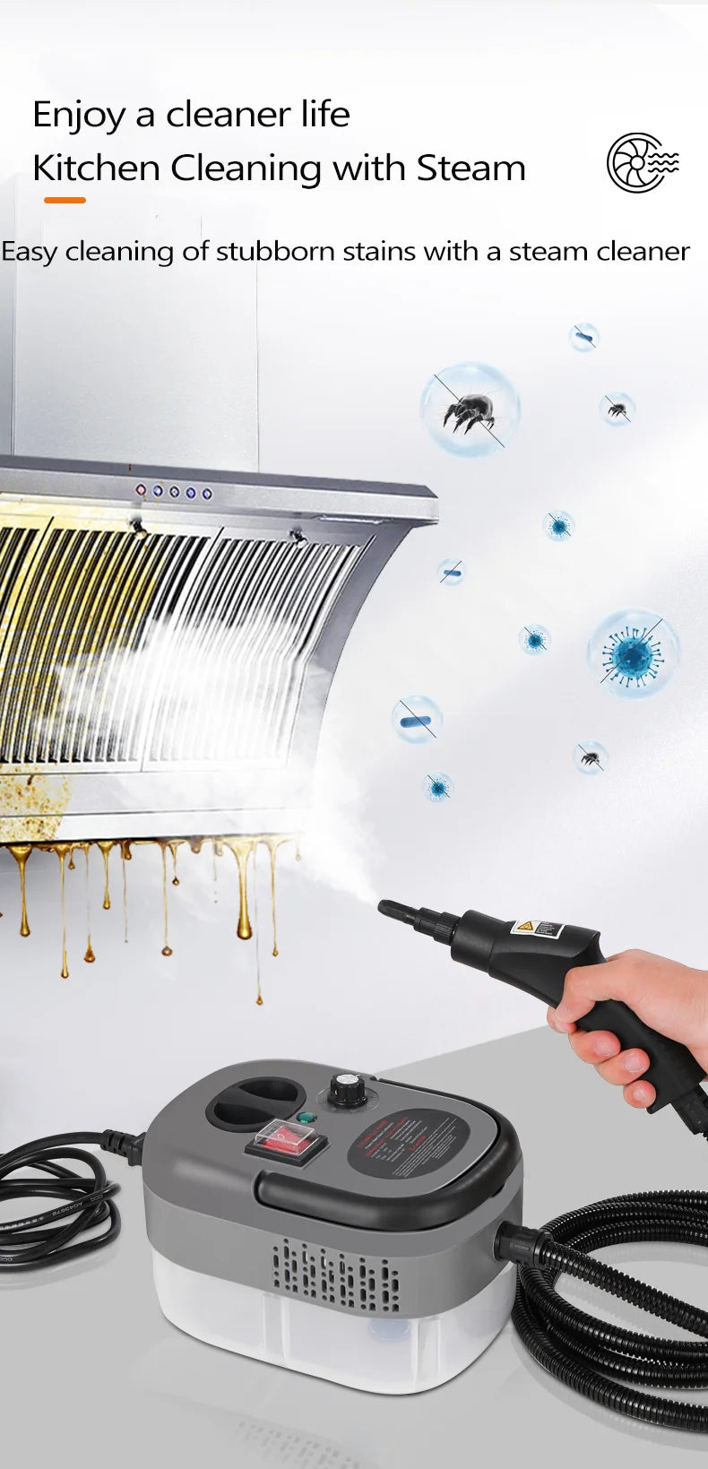 Steam cleaner, 3-level adjustable handle, 15-year heating element, 1.2-liter tank, portable steam cleaner for cleaning with 12 a