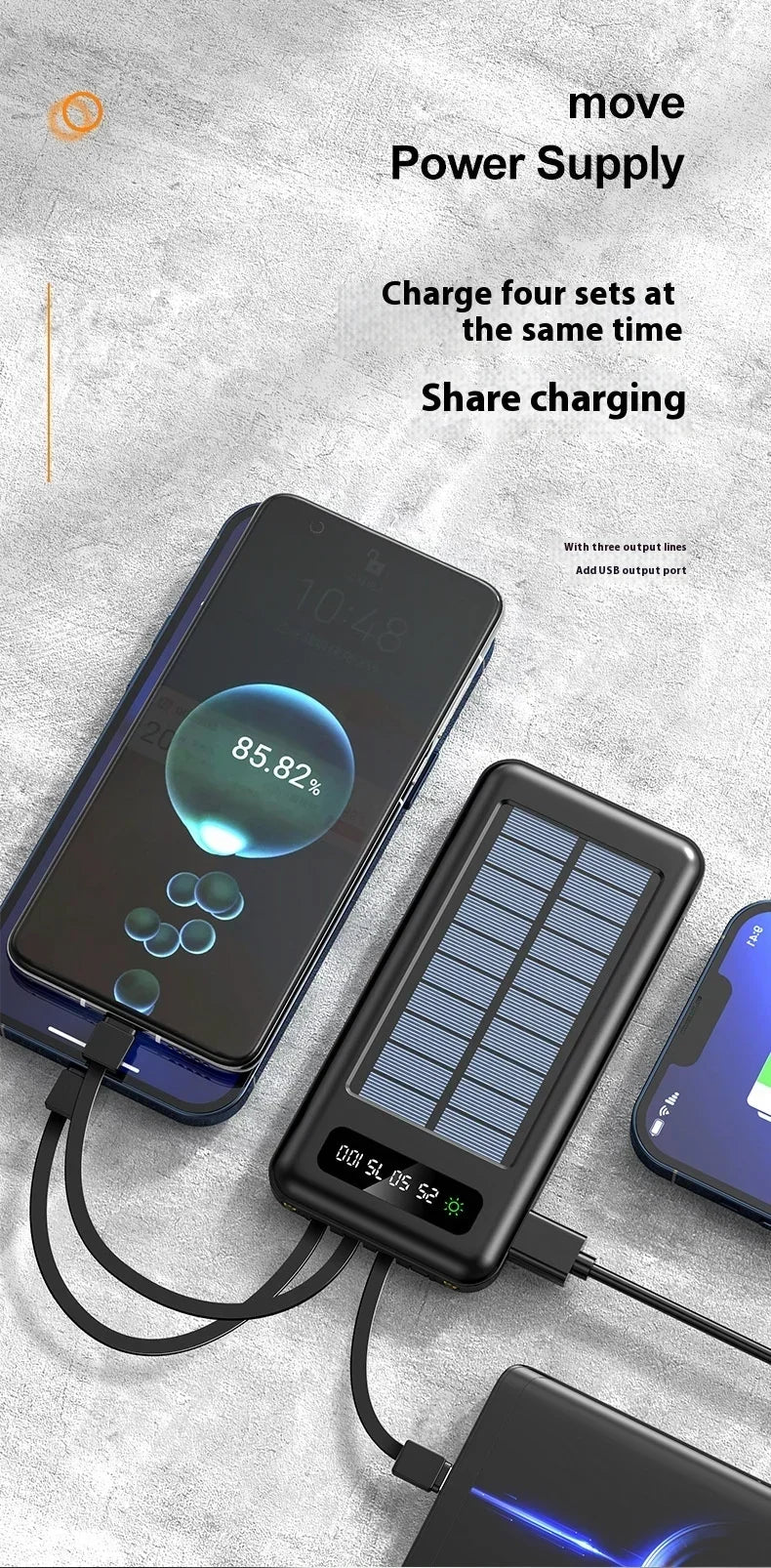 New Portable Charger Solar Power Bank 20000mah Large Capacity Outdoor Fast Charging Telephone Power Bank Share Removable Cable