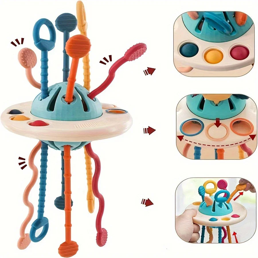 Montessori Sensory Toys for Toddlers 6-18M+, UFO Food Grade Silicone Push & Pull String Activity Toy, Fidget Travel Toys
