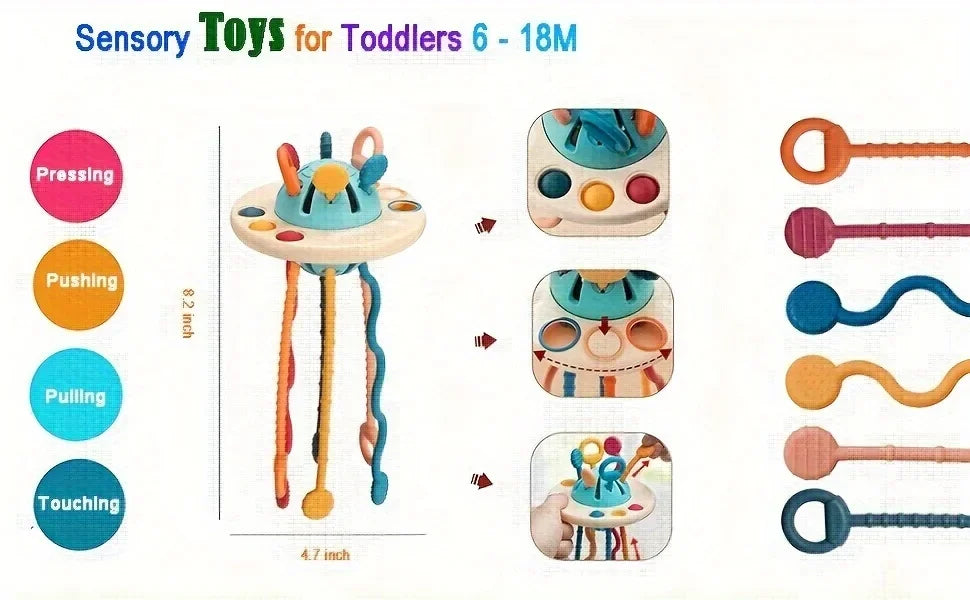 Montessori Sensory Toys for Toddlers 6-18M+, UFO Food Grade Silicone Push & Pull String Activity Toy, Fidget Travel Toys