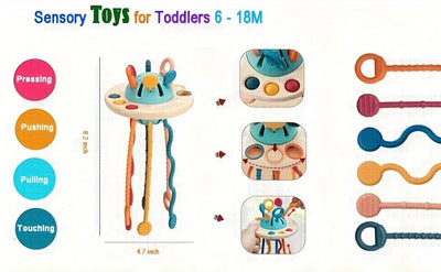 Montessori Sensory Toys for Toddlers 6-18M+, UFO Food Grade Silicone Push & Pull String Activity Toy, Fidget Travel Toys