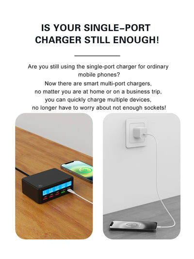 Multi USB Charger 50W 5 Port USB Fast Charger with QC 3.0 Quick Charge LCD Smart Charging Station Hub for Multiple Devices