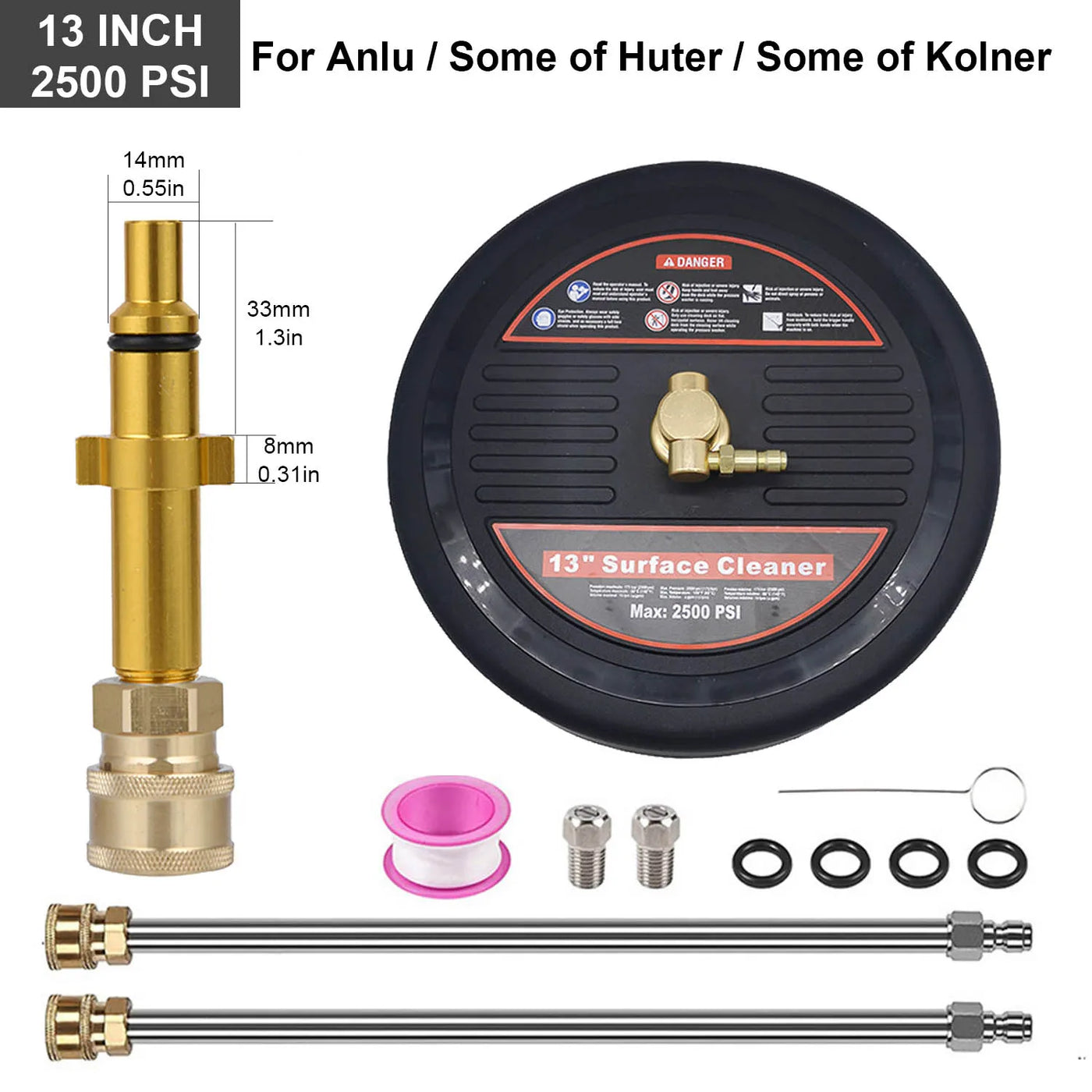 2500 PSI 13 Inch Pressure Washer Surface Ground Floor Cleaner Brush Water Broom for Karcher Lavor Anlu 1/4" Inch Quick Connector