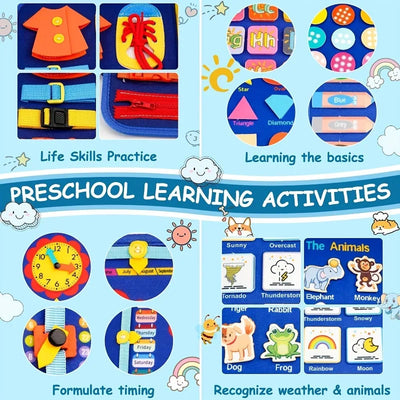Montessori Busy Board for Toddlers Sensory Toy Fine Motor Skills Activity Travel Learning Gift for Boys Girls Blue Polyester