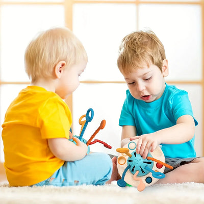 Montessori Sensory Toys for Toddlers 6-18M+, UFO Food Grade Silicone Push & Pull String Activity Toy, Fidget Travel Toys