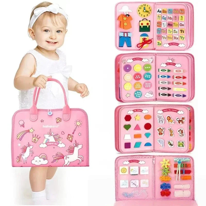 Montessori Busy Board for Toddlers Sensory Toy Fine Motor Skills Activity Travel Learning Gift for Boys Girls Blue Polyester